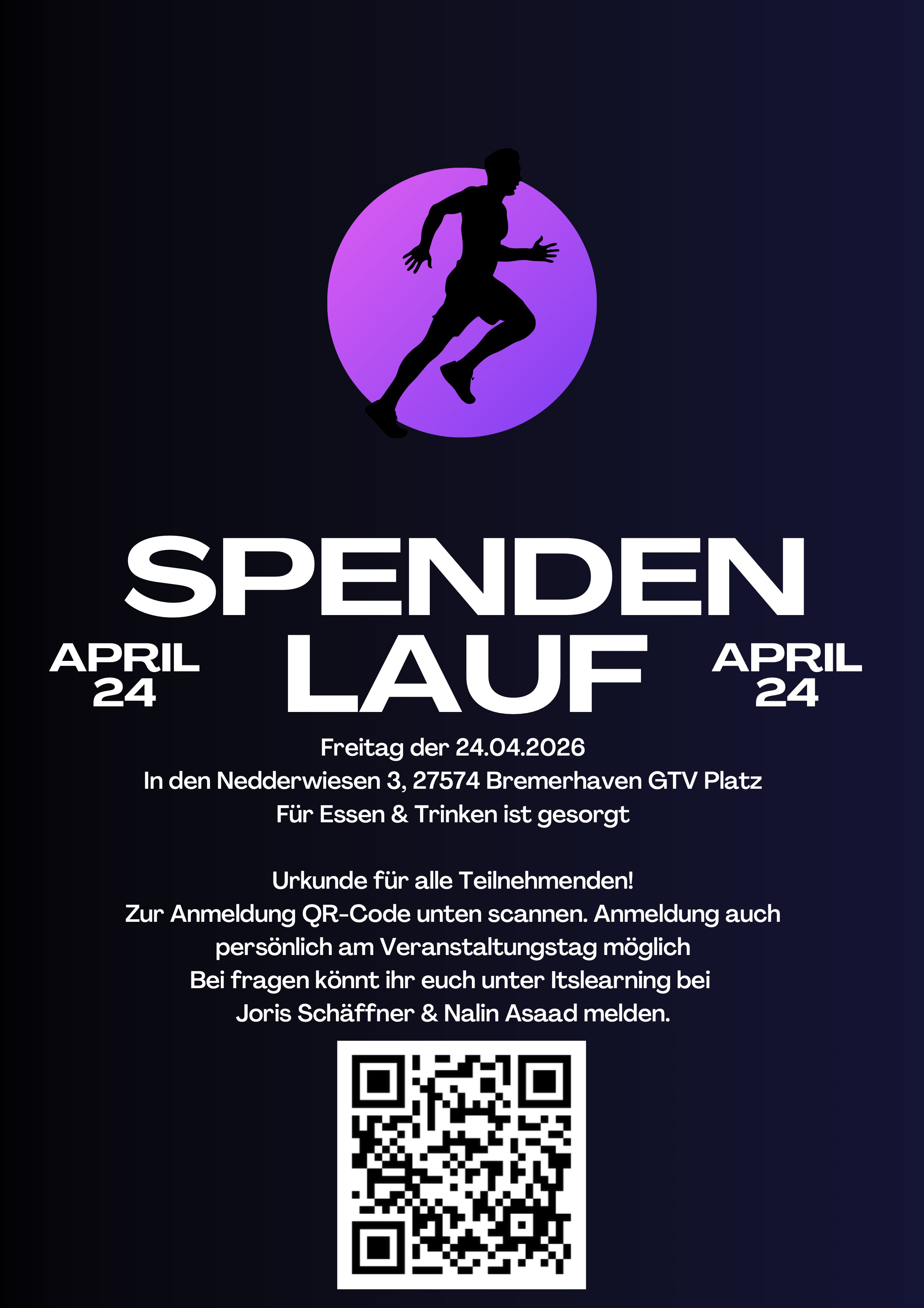 Das Bild zeigt den Aufruf zum Spendenlauf im Rahmen der Aktion „Schulen gegen den Hunger“ am Freitag, den 24.04.2026.