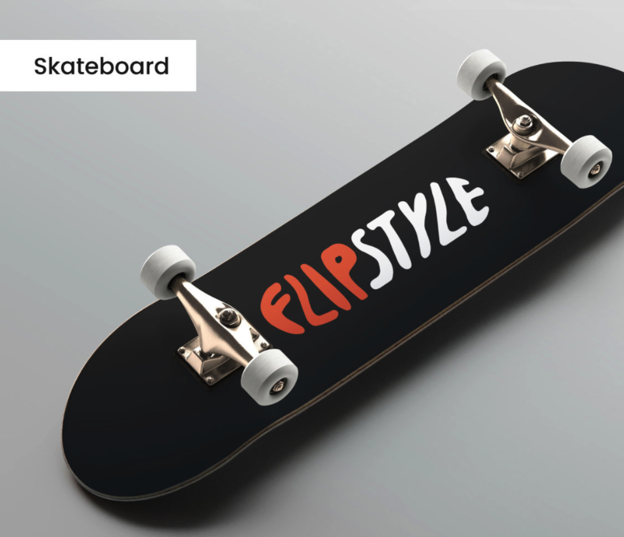 Hier sehen Sie ein Skateboard mit dem fiktiven Logo von Flipstyle.